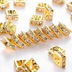 Golden Brass Rhinestone Spacer Beads, Grade A, Square, Nickel Free, White, Golden Metal Color,Size: about 5mmx5mmx2.5mm, hole: 1mm