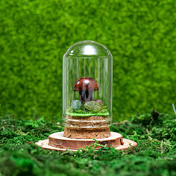 Mahogany Obsidian Glass Dome Cover with Natural Mahogany Obsidian Mushroom Inside, Cloche Bell Jar Terrarium with Cork Base, Micro Landscape Garden Decoration Accessories, 30x55mm