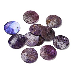 Dark Violet Spray Painted Natural Akoya Shell Pendants, Mother of Shell, Flat Round Charms, Dark Violet, 20.5x1~3mm, Hole: 1.5mm