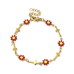 Roja Pulsera de cadena con eslabones cruzados y flores esmaltadas, chapado en oro 304 joyas de acero inoxidable para mujer, rojo, 6-5/8 pulgada (16.9 cm)