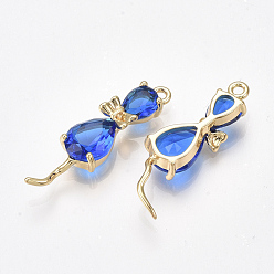 Blue Brass Pendants, with Glass, Cat, Nickel Free, Real 18K Gold Plated, Blue, 25.5~28.5x7x4.5mm, Hole: 1.4mm
