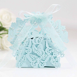 Cyan Cajas de cartón de dulces de boda plegables creativas, pequeñas cajas de regalo de papel, mariposa hueca con cinta, cian, pliegue: 6.3x4x4 cm