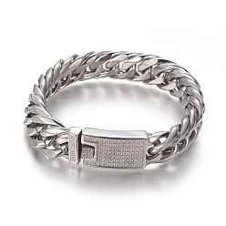 Stainless Steel Color 304 Stainless Steel Curb Chain Bracelets, with Rhinestone, Stainless Steel Color, 8-3/4 inch(22.15cm), 16~16.5x6.5~7.5mm