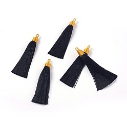 Black Nylon Tassel Big Pendants, with Iron Findings, Golden, Black, 86x9.5mm, Hole: 3x5mm