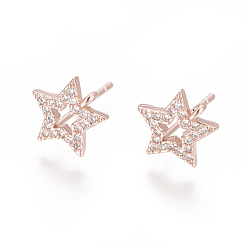 Rose Gold Brass Stud Earring Findings, with Cubic Zirconia and Loop, Star, Clear, Rose Gold, 10.5x10mm, Hole: 1.2mm, Pin: 0.8mm