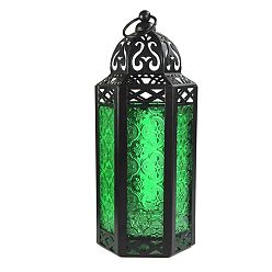 Green Retro Electrophoresis Black Plated Iron Ramadan Candle Lantern, Portable Glass Decorative Hanging Lamp Candle Holder for Home Decoration, Green, 95x80x250mm