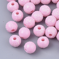 Perlas de Color Rosa Abalorios de acrílico opacos, con polvo del brillo, rondo, rosa perla, 8.5x7 mm, agujero: 2 mm