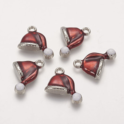 Dark Red Brass Enamel Pendants, Cadmium Free & Nickel Free & Lead Free, Christmas Hat, Platinum Color, Dark Red and White, Size: about 16.5mm long, 17mm wide, 3mm thick, hole: 1.5mm