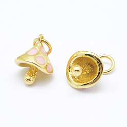 Real 18K Gold Plated Brass Enamel Charms, Mushroom, Cadmium Free & Nickel Free & Lead Free, Real 18K Gold Plated, 12x10x8.5mm, Hole: 3mm