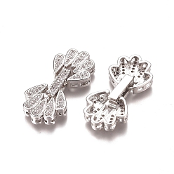 Platinum Brass Micro Pave Clear Cubic Zirconia Fold Over Clasps, Flower, Platinum, 28x13x5mm, Hole: 1mm