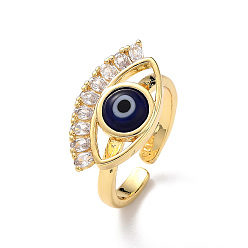 Azul Anillo abierto de murano mal de ojo con circonita cúbica transparente, joyas de latón chapado en oro real 18k para mujer, azul, diámetro interior: 17 mm