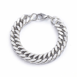 Stainless Steel Color Men's 304 Stainless Steel Diamond Cut Cuban Link Chain Bracelets, with Lobster Claw Clasps, Stainless Steel Color, 8-1/8 inch~8-1/4 inch(20.5~21cm), 12mm