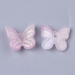 Pink Transparent Spray Painted Glass Charms, with Glitter Powder, Butterfly, Pink, 9.5x11x3mm, Hole: 0.8mm