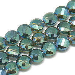 Dark Cyan Electroplate Glass Beads Strands, Rainbow Plated, Faceted, Flat Round, Dark Cyan, 8x5mm, Hole: 1.2mm, about 69~72pcs/strand, 21.26 inch