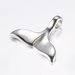 Stainless Steel Color 316 Surgical Stainless Steel Pendants, Whale Tail Shape, Stainless Steel Color, 25x30x3~8mm, Hole: 5mm