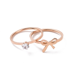 Rose Gold 2Pcs 2 Style Clear Cubic Zirconia Couple Rings Set, Ion Plating(IP) 304 Stainless Steel Butterfly Rings for Bestfriends Lovers, Rose Gold, US Size 5 3/4~9(16.3~18.9mm)