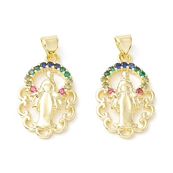 Colorful Rack Plating Brass Micro Pave Cubic Zirconia Pendants, Real 18K Gold Plated, Long-Lasting Plated, Flower with Virgin Mary, Colorful, 23x14.5x3mm, Hole: 3.5x3mm