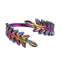Rainbow Color Leaf Cuff Rings, Rainbow Color 304 Stainless Steel Open Rings for Women, US Size 7 3/4(17.9mm)