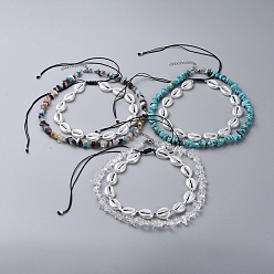 Mixed Stone Adjustable Beaded Necklace Sets, with Cowrie Shell Shape Acrylic Imitation Pearl Beads, Nylon Thread, Natural & Synthetic Gemstone Chip Beads, 304 Stainless Steel Lobster Claw Clasps, Acrylic Necklaces: 11.22 inch~25.19 inch(28.5~64cm), Gemstone Necklaces: 15.94 inch~16.14 inch(40.5~41cm), 2pcs/set