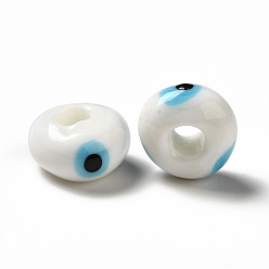 White Handmade Evil Eye Lampwork Beads, Rondelle, White, 13~14.5x13.5~15x8~9mm, Hole: 4.5mm