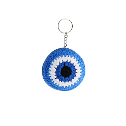 Royal Blue Cotton Crochet Evil Eye Keychains, with Alloy Rings, for Car Handbag Purse Craft Decoration, Royal Blue, 13x8cm
