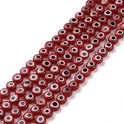 Red Handmade Lampwork Beads, Flat Round with Evil Eye, Dark Red, 4.5x2.5mm, Hole: 0.6mm, about 90~100pcs/strand, 15.35''~15.75''(39~40cm)