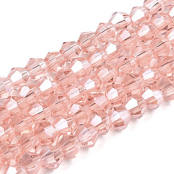 Pink Transparentes cuentas de vidrio electroplate hebras, lustre de la perla chapado, facetados, bicono, rosa, 4x4 mm, agujero: 0.8 mm, sobre 87~98 unidades / cadena, 12.76~14.61 pulgada (32.4~37.1 cm)