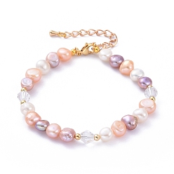 Colorful Natural Cultured Freshwater Pearl Beaded Bracelets, with 304 Stainless Steel Lobster Claw Clasps, Brass & Glass Beads, Colorful, 9-5/8 inch(24.5cm)