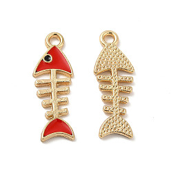 Red Alloy Enamel Pendants, Fishbone Charms, Golden, Red, 23.5x8.5x1.5mm, Hole: 1.6mm