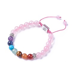 Quartz Rose Chakra bijoux, bracelets de perles tressées en pierre naturelle et synthétique, avec naturel quartz rose, Découvertes en alliage et cordon de nylon, rectangle avec le symbole om, 2 pouces ~ 3 pouces (5.2~7.6 cm)