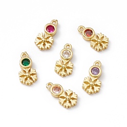 Mixed Color Brass Micro Pave Cubic Zirconia Pendants, Real 18K Gold Plated, Snowflake, Mixed Color, 11x5x2mm, Hole: 0.9mm