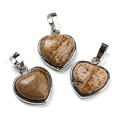 Jaspe Image Image Naturel jaspe pendentifs, Breloques cœur avec fermoirs en laiton plaqué platine, 20.5x17.5x7mm, Trou: 4x8mm