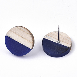 Dark Blue Resin & Wood Stud Earrings, with 304 Stainless Steel Pin, Flat Round, Dark Blue, 15mm, Pin: 0.7mm