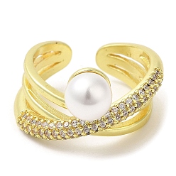 Claro Anillo abierto cruzado de circonita cúbica con cuentas de perlas de plástico, anillos de latón dorado, Claro, diámetro interior: 17 mm