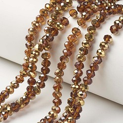 Chocolate Electroplate Transparent Glass Beads Strands, Half Golden Plated, Faceted, Rondelle, Chocolate, 4x3mm, Hole: 0.4mm, about 123~127pcs/strand, 16.5~16.9 inch(42~43cm)