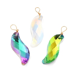 Mixed Color Glass Pendants, with Light Gold Brass Loops, Faceted, Twist Charms, Mixed Color, 34x9.5x7mm, Hole: 4.5~4.8x3.8~4.2mm