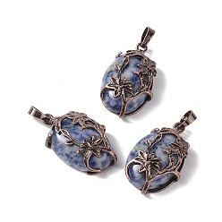 Blue Spot Jasper Natural Blue Spot Jasper Pendants, with Red Copper Tone Brass Findings, Cadmium Free & Lead Free, Oval with Flower Charm, 33x20x9mm, Hole: 5x8mm