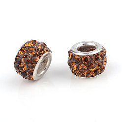 Coffee Polymer Clay Rhinestone European Beads, Large Hole Beads, Rondelle, with Silver Color Plated Brass Cores, Coffee, 10~12x7~8mm, Hole: 5mm