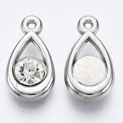 Platino Colgantes de acrílico de recubrimiento uv, con diamantes de imitación de acrílico, lágrima, Platino, 18x10x5 mm, agujero: 1 mm