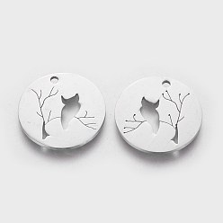 Stainless Steel Color 201 Stainless Steel Pendants, Flat Round with Owl, Stainless Steel Color, 20x1.1mm, Hole: 1.5mm