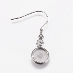 Stainless Steel Color Stainless Steel Dangle Earrings, Cabochon Settings, Flat Round, Stainless Steel Color, Tray: 8mm, Pendant: 13x10x1.5mm, 34mm, 21 Gauge, Pin: 0.7mm
