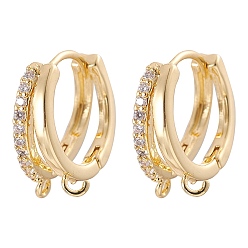 Real 18K Gold Plated Brass Micro Pave Clear Cubic Zirconia Hoop Earring Findings, with Horizontal Loops, Real 18K Gold Plated, 17x15x6mm, Hole: 1.6mm, Pin: 0.8mm