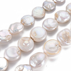 Seashell Color Natural Keshi Pearl Beads Strands, Cultured Freshwater Pearl, Flat Round, Seashell Color, 12~17x12~16x3~9mm, Hole: 0.6mm, about 27~29pcs/strand, 15.75 inch(40cm)