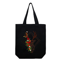 Colorful DIY Flower & Reindeer Pattern Black Canvas Tote Bag Embroidery Kit, including Embroidery Needles & Thread, Cotton Fabric, Plastic Embroidery Hoop, Colorful, 390x340x100mm