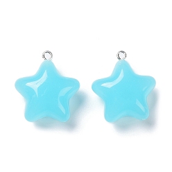 Cyan Acrylic Pendants, with Silver Tone Alloy Loops, Star Charms, Cyan, 25.5~26x23x12.5mm, Hole: 1.8mm