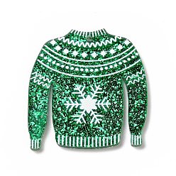 Green Printed Acrylic Pendants, with Glitter Sequins, for Christmas, Clothes with Snowflake Charm, Green, 37x35x2mm, Hole: 1.6mm