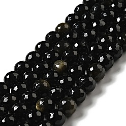Obsidienne Dorée Brillance dorée naturelle perles obsidienne brins, ronde, facette, 7.5~8mm, Trou: 1.2~1.4mm, Environ 45~48 pcs/chapelet, 14.65''~15.08'' (37.2~38.3 cm)