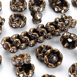 Clear Rhinestone Spacer Beads, Copper, Grade A, Flat Round, Antique Bronze Metal Color, Clear, Size: about 8mm in diameter, 4mm thick, hole: 1.5mm