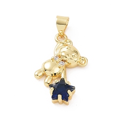 Prussian Blue Brass Micro Pave Cubic Zirconia Pendants, Bear with Star Charm, Golden, Prussian Blue, 27x15x4.5mm, Hole: 5x4mm
