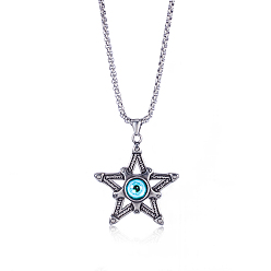 Stainless Steel Color Five-pointed Star Pendant Necklace Titanium Steel Star Pendant Necklace Vintage Resin Evil Eye Jewelry Guardian Charms for Men Women, Stainless Steel Color, 27.95 inch(71cm)